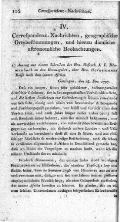Correspondenz-Nachrichten, geographische Ortsbestimmungen, und hierzu dienliche astronomische Beobachtungen