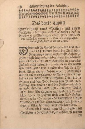 Das dritte Capitel. Vergleichnuß eines Christen, mit einem Gottlosen in der letzten Todes-Stunde ...