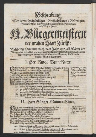 Beschreibung Aller derer Hochadelichen/ [...] H. Bürgermeistern der uralten Statt Zürich: