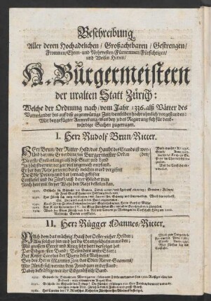 Beschreibung Aller derer Hochadelichen/ [...] H. Bürgermeistern der uralten Statt Zürich: