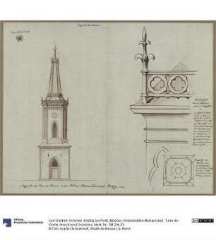 Brietzig bei Pyritz (Brzesko, Województwo Małopolskie). Turm der Kirche. Ansicht und Grundriss