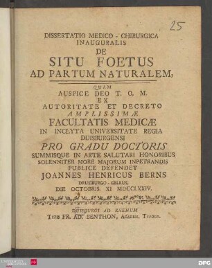 Dissertatio Medico-Chirurgica Inauguralis De Situ Foetus Ad Partum Naturalem