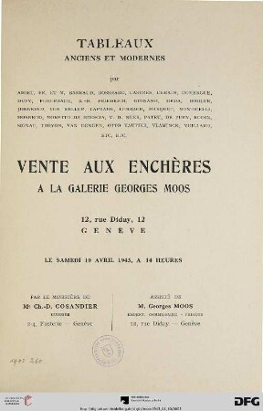 Tableaux anciens et modernes : par Amiet, Fr. et M. Barraud, Bosshard, Castres, Derain, Domergue, Dufy, Feuerbach ... Vente aux enchères: 10 avril 1943