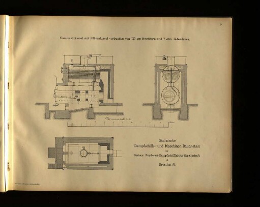 Flammrohrkessel mit Röhrenkessel verbunden von 120 qm Heizfläche und 7 Atm. Ueberdruck.
