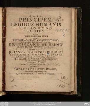 Principem Legibus Humanis Sed Non Divinis Solutum Sistet Dissertatio Politica