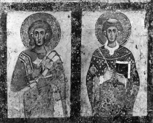 Zwei Heilige : Zwei Heilige. Freskomalerei (1265-1270?). Matrei in Osttirol, Filialkirche Sankt Nikolaus