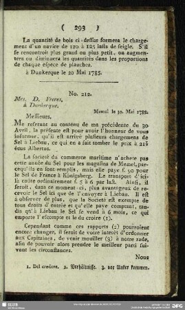 No. 212. Mrs. D. Freres, à Dunkerque. Memel le 30. Mai 1785