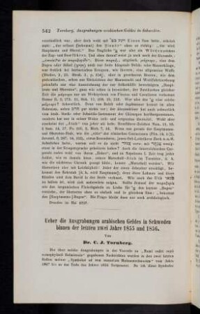 542, Ueber die Ausgrabungen arabischen Geldes in Schweden binnen der letzten zwei Jahre 1855 und 1856.