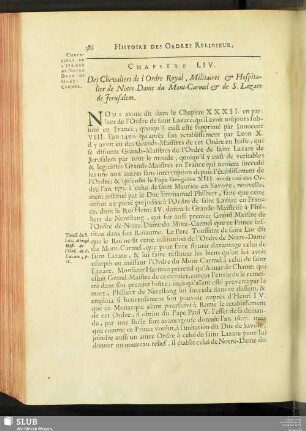 Chapitre LIV. Des Chevaliers de l Ordre Royal, Militaires & Hospitalier de Notre-Dame du Mont-Carmel & de S. Lazare de Jerusalem