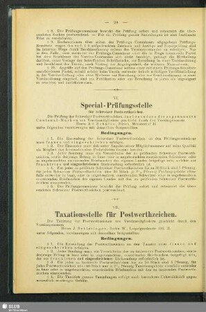 VI. Special-Prüfungsstelle für Schweizer Postwerthzeichen