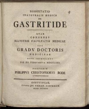 Dissertatio Inauguralis Medica De Gastritide : Die XII. Februarii A. MDCCLXXX.