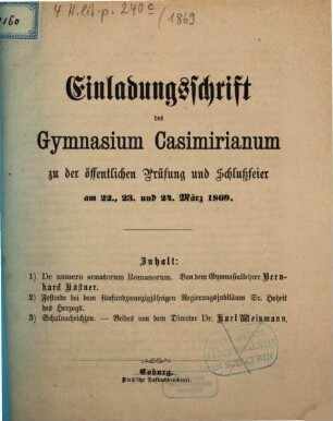 Einladungsschrift des Gymnasium Casimirianum zu Coburg zur Schlußfeier. 1869