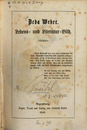 Beda Weber : Lebens- und Literatur-Bild