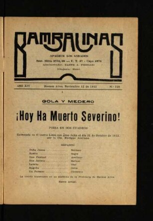 ¡Hoy ha muerto Severino! : pieza en dos cuadros