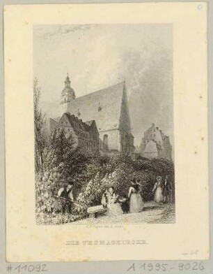 Die Thomaskirche in Leipzig von der Promenade im Nordwesten, im Hintergrund die Thomasschule