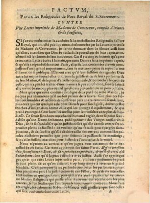 Factvm Povr Les Religievses De Port Royal Dv S. Sacrement, Povr Servir De Response A Vne Lettre Imprimée De Madame La Marqvise De Crevecoevr