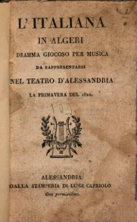 L' Italiana in Algeri : Dramma giocoso per musica