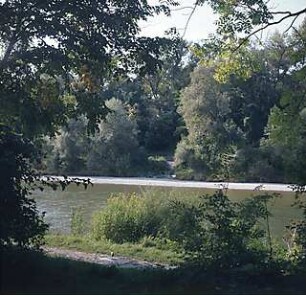 Hansjakob, Gottfried; München - Oberföhring; Isarinsel - Isarinsel, Uferweg, Blick über die Isar