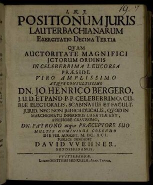 Positionum Juris Lauterbachianarum Exercitatio Decima Tertia