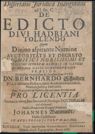 Dissertatio Juridica Inauguralis ad l. fin. C. De Edicto Divi Hadriani Tollendo