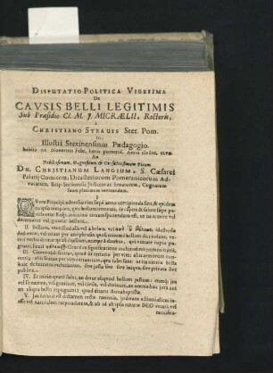 Disputatio Politica Vigesima De Causis Belli Legitimis ... a Christiano Strauss