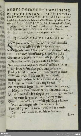 Reverendo Et Clarissimo Viro, Constanti Zelo Incorruptae Veritatis Et Meritis In ... Simoni Gedicco ...