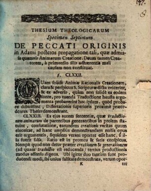 De creatione, potissimum animae rationalis atque huic doctrinae annexis dogmatibus exercitiorum academicorum specimina septem, Specimen 7. De peccati originis in Adami posteros propagatione tali ...