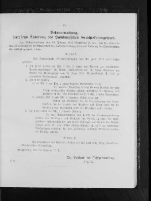 Bekanntmachung, betreffend Änderung des Hamburgischen Gerichtskostengesetzes
