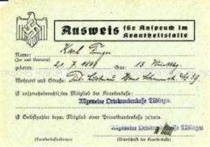 Versichertenausweis der Allgemeunen Ortskrankenkasse Tübingen von von Karl Finger
