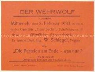 Ankündigung einer Veranstaltung des Wehrwolf am 8. Februar 1933 in Dresden