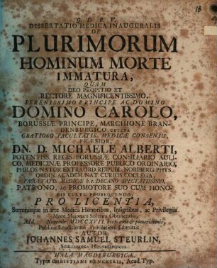 Dissertatio medica inauguralis de plurimorum hominum morte immatura