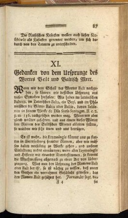 XI. Gedanken von dem Ursprung es Wortes Belt und Baltisch Meer.