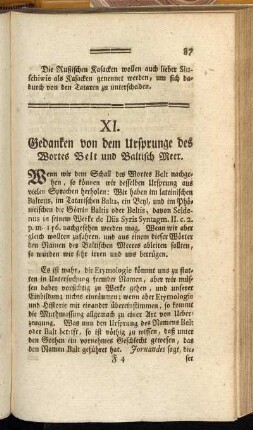 XI. Gedanken von dem Ursprung es Wortes Belt und Baltisch Meer.