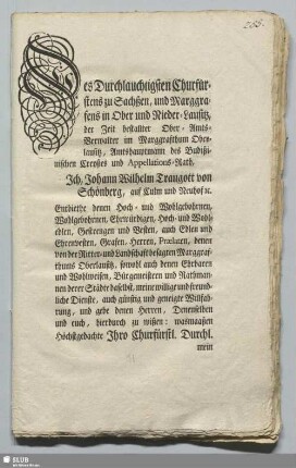 Des Durchlauchtigsten Churfürstens zu Sachßen ... bestallter Ober-Amts-Verwalter ... Ich, Johann Wilhelm Traugott von Schönberg ...