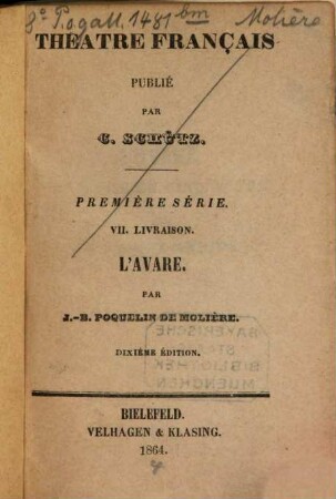 L' Avare : Comédie en cinq actes. Par J.-B. Poquelin de Molière