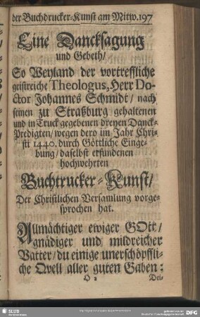 Eine Dancksagung und Gebeth der Buchdrucker-Kunst am Mitw.