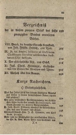 Verzeichniß der in diesem zweyten Stück des sechs und zwanzigsten Bandes recensirten Bücher.