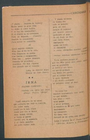Irma : (Tango canción). Cantado con éxito por Julia Alonso, teatro "Maipo"