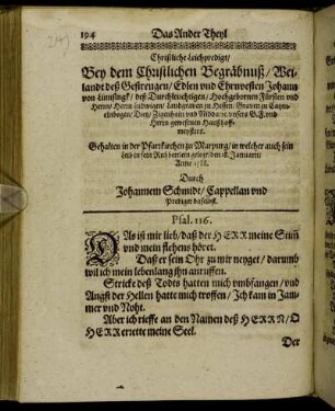 Christliche Leichpredigt/ Bey dem Christlichen Begräbnuß/ Weilandt deß Gestrengen/ Edlen und Ehrnvesten Johann von Linnsingk [...]