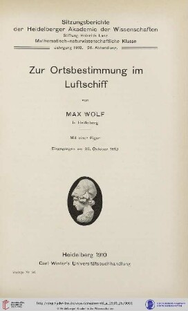 1910, 26. Abhandlung: Sitzungsberichte der Heidelberger Akademie der Wissenschaften, Mathematisch-Naturwissenschaftliche Klasse: Zur Ortsbestimmung im Luftschiff
