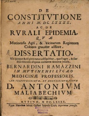 De Constitutione annorum 1690 et 1691 ac de rurali epidemia dissertatio