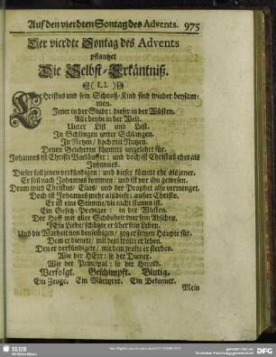 Der vierdte Sontag des Advents pflantzet Die Selbst-Erkäntniß