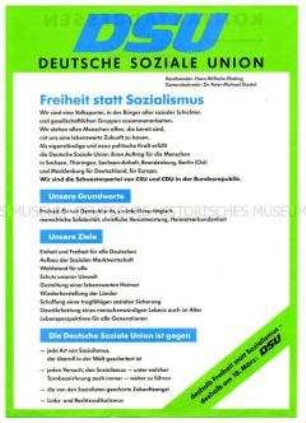 Flugblatt der DSU mit Grundsatzprogramm zur Volkskammerwahl in der DDR am 18.03.90 / Rückseite: Kontaktadressen