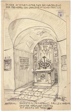Bestelmeyer, German; Rügland; Mausoleum für die Familie Von Crailsheim - Altar (Innenraumperspektive; Detail)