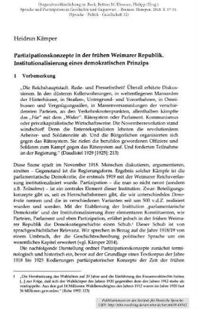 Partizipationskonzepte in der frühen Weimarer Republik. Institutionalisierung eines demokratischen Prinzips