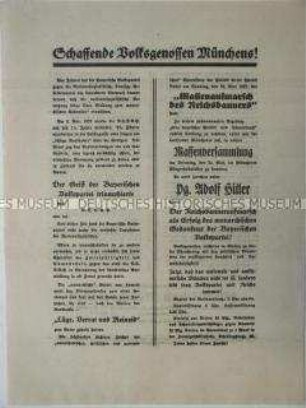 Propagandaflugblatt der NSDAP mit Aufruf zu einer Massenversammlung mit Hitler im Bürgerbräukeller und Werbung für den "Völkischen Beobachter"