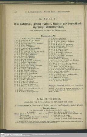 IV. Abschnitt. Dem Gelehrten-, ( Privat-) Lehrer-, Handels- und Gewerbestande angehörige Einwohnerschaft