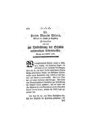 Herrn Martin Ehlers, Rektors der Schule zu Segeberg, Gedanken von den zur Verbesserung der Schulen nothwendigen Erfordernissen : Altona und Lübeck 1766