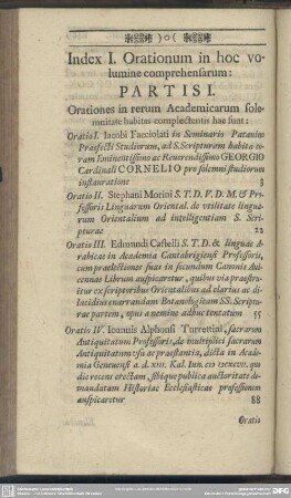 Index I. Orationum in hoc volumine comprehensarum