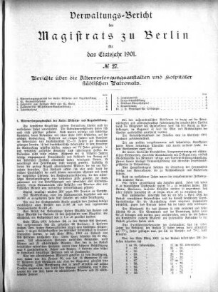 No. 27. Bericht über die Alterversorgungsanstalten und Hospitäler städtischen Patronats